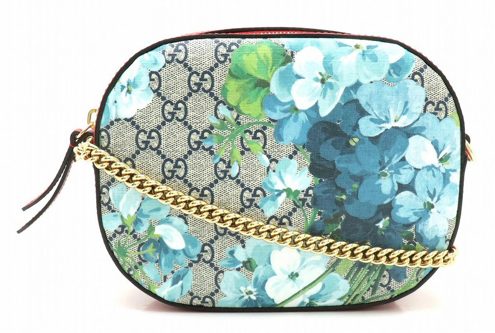 Gucci GG Blooms Chain Crossbody Bag Leather Navy Blue Multicolor Red